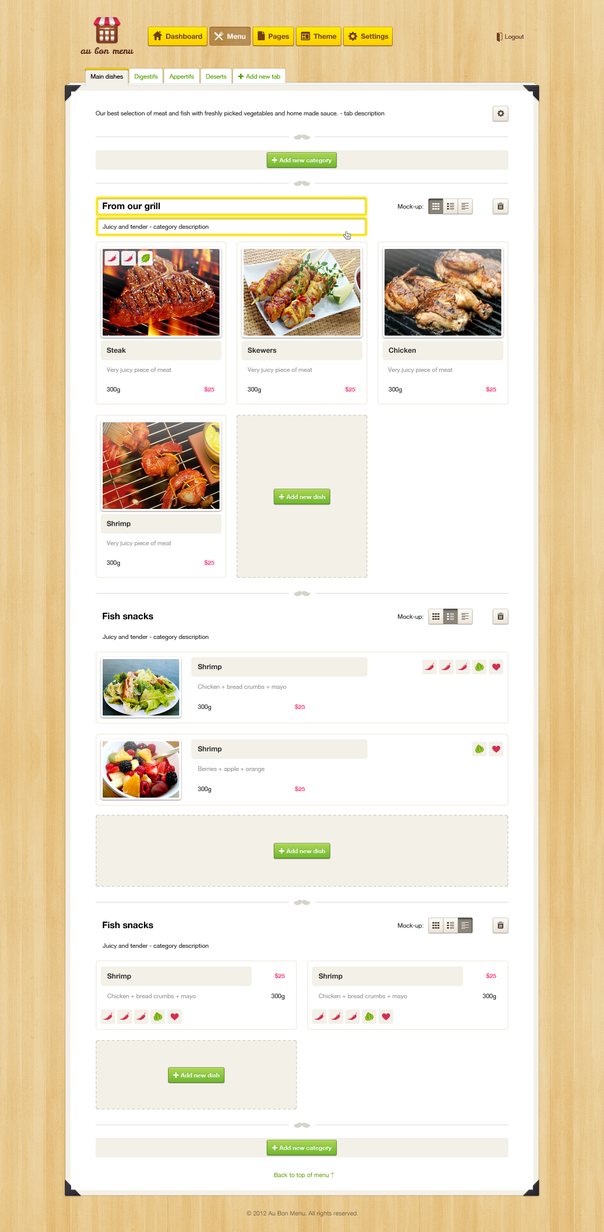 Aubon menu dashboard